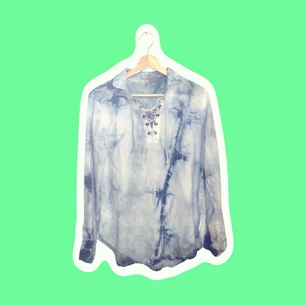 Anthropologie Cloth & Stone Natural Indigo shabori tie dye Lace-Up Henley Blouse